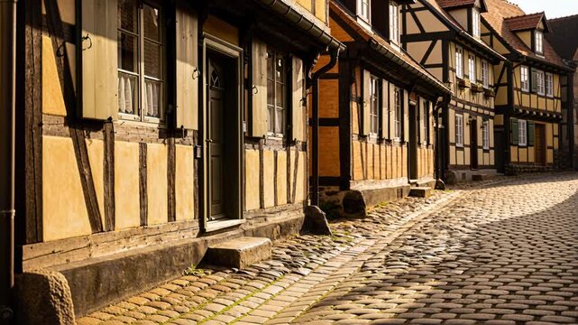Panning camera revealing timber-framed houses and cobbled street at historic lane, with wooden door