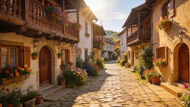 Camera starting forward motion along cobbled lane, showing stucco homes and flower boxes