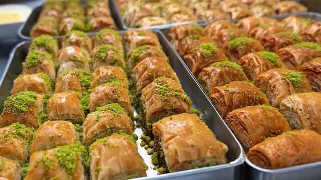 Traditional Turkish baklava arranged in trays, showcasing rich layers of pastry, pistachios, and syrup, representing authentic Middle Eastern dessert culture and culinary craftsmanship.