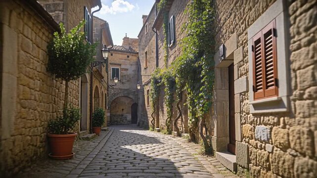 Pulling back camera showing climbing vines on stone wall along cobbled alley, revealing arch