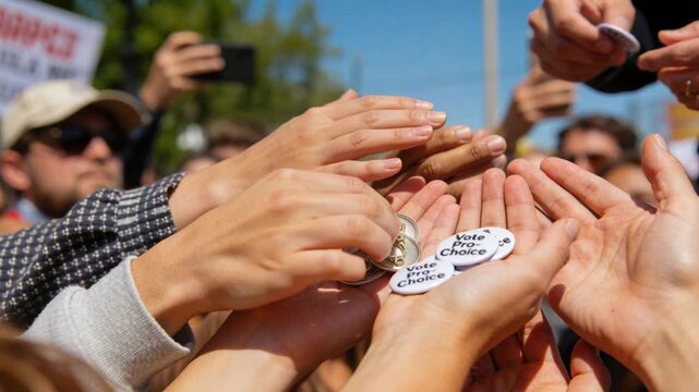 Placing distributor dropping Vote Pro-Choice buttons into cupped hands at rally, supporting cause