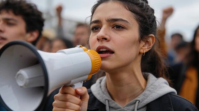 Bringing megaphone to mouth woman in gray hoodie and coat projecting voice on street, leading chant