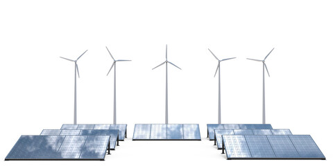 Clean energy from solar and wind farms represents the sustainability of renewable energy production. 3d rendering, Illustration