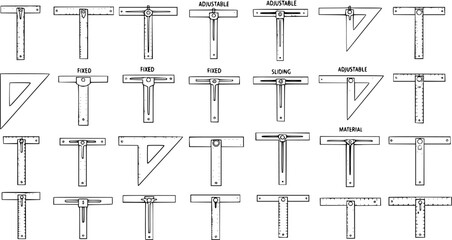Collection of various drafting T-squares and set squares, illustrating fixed, adjustable, and sliding types, essential for technical drawing and architectural plans.