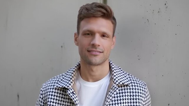 Male model on cue for fashion, smiling widening softening in patterned jacket against concrete wall