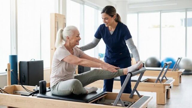 Senior woman exercising on a Pilates reformer with assistance from a physiotherapist, highlighting rehabilitation, wellness, and active aging in a modern studio.