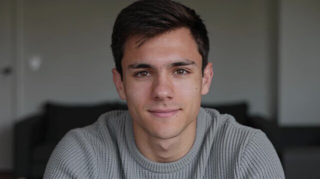 Smiling man responding to camera, making small head movements in lounge, wearing gray sweater