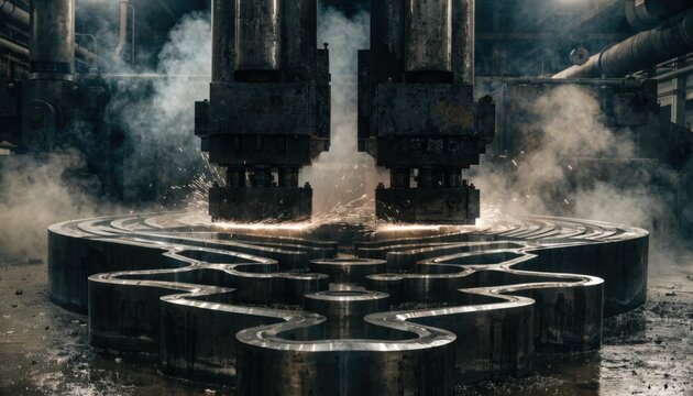 Medium shot showing a heavy press machine shaping thick steel plates for a ship hull focusing on the industrial process of forming strong hull reinforcements.