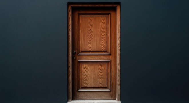 A wooden door set into a dark grey wall with a small threshold at the bottom