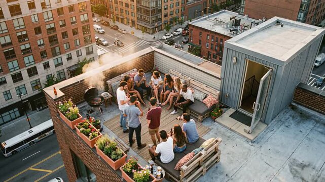 Enjoying friendly barbecue as sunset paints city skyline in background
