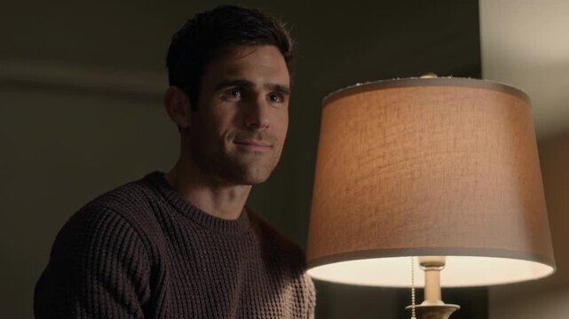 Pulling focus, man wearing dark brown knit sweater smiling softly at home with lamp pull chain