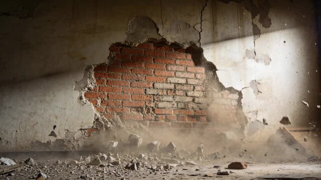 Damaged plaster wall shaking from impact, ejecting rubble and dust, exposing brick for construction