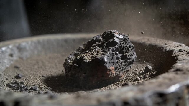 Lowering hand holding steel hammer striking porous rock in metal bowl at workbench, chipping rock