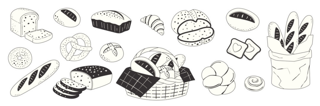 Hand‑drawn assorted bread and pastry set with loaves, rolls, baguettes, croissants and pretzels, isolated on white background. Ideal for bakery, cooking and culinary illustration projects.