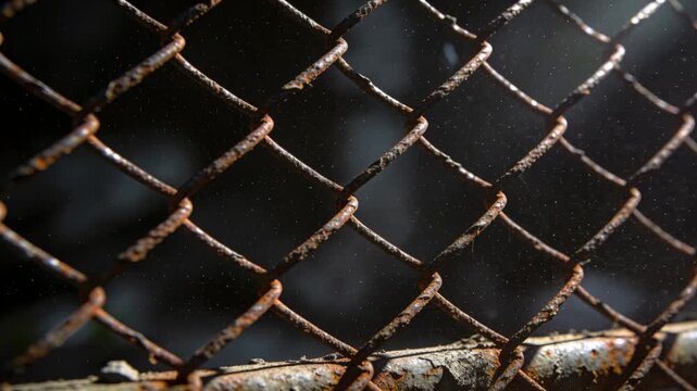 Reacting rusted chainlink fence releasing backlit dust after droplet hitting fence near trees