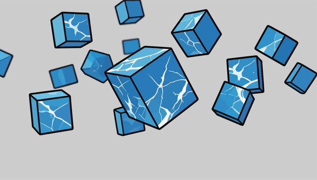 Floating blue ice cubes with cracks on a light gray background showing a simple design in vector art style