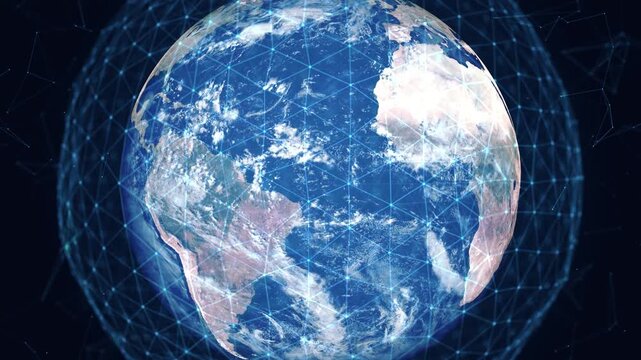 Glowing Blue Earth with Global Digital Plexus Network and Data Waves, Futuristic Technology Planet Background Loop