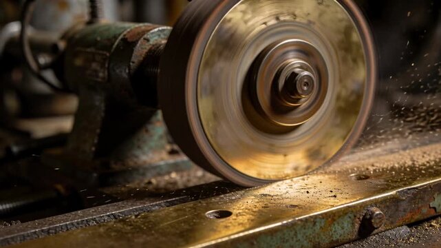 Grinding abrasive wheel touching worn metal bar on bench, removing metal, throwing sparks and swarf