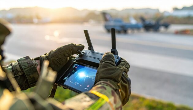Close-up of a soldier's gloved hands operating a drone controller with a glowing screen, overseeing a military operation at sunset on an airfield.