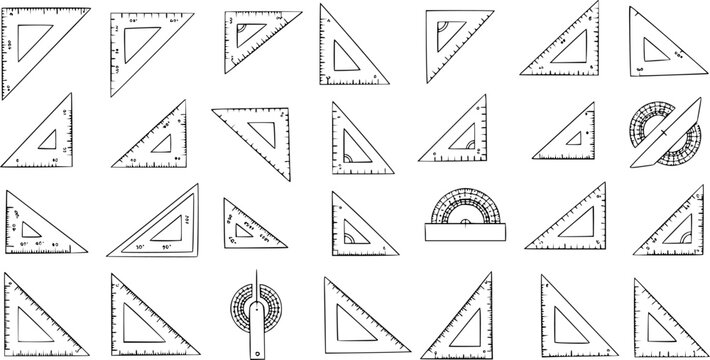 Hand-drawn set of geometric measuring tools, including various triangular rulers, set squares, and protractors, perfect for education, math, and technical drawing concepts.