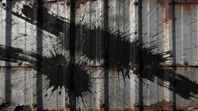Touching pole applicator smearing black paint over rusted corrugated metal wall, creating runs