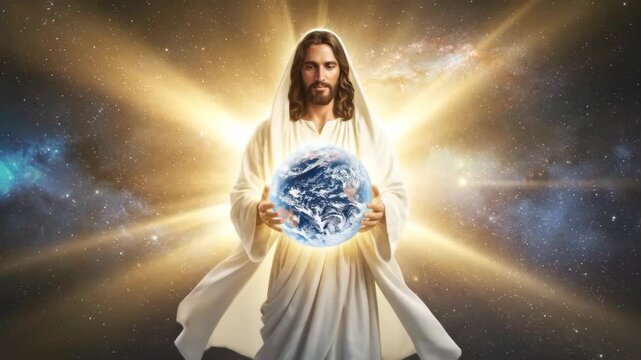 Jesus holding the planet Earth in space. Divine manifestation of God watching over world. Catholic religious concept representing creation and eternal protection.