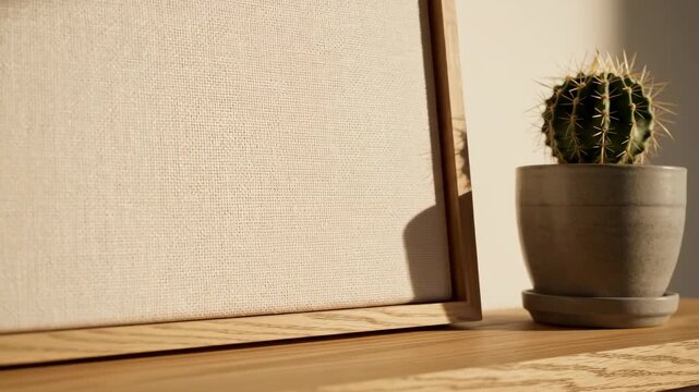 A blank canvas frame mockup rests on a natural wooden shelf beside a small cactus plant in a minimal, modern home interior &mdash; an empty picture frame ready for artwork, photo, or painting presentation