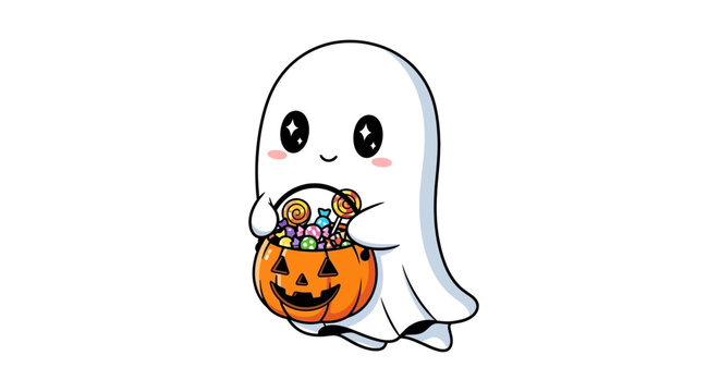 Cute cartoon ghost holding jack o lantern.