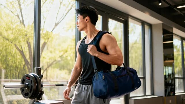Entering man wearing tank and sweatpants carrying navy duffel through gym door preparing workout
