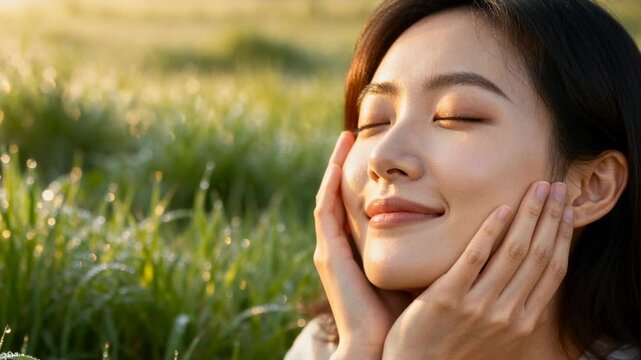 Smiling woman responding to warm light, cupping cheeks, wearing light top in dewy field, copy space