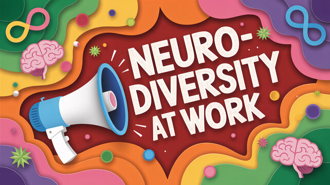 Colorful paper cut style illustration text "Neurodiversity at Work" with megaphone brain infinity symbols
