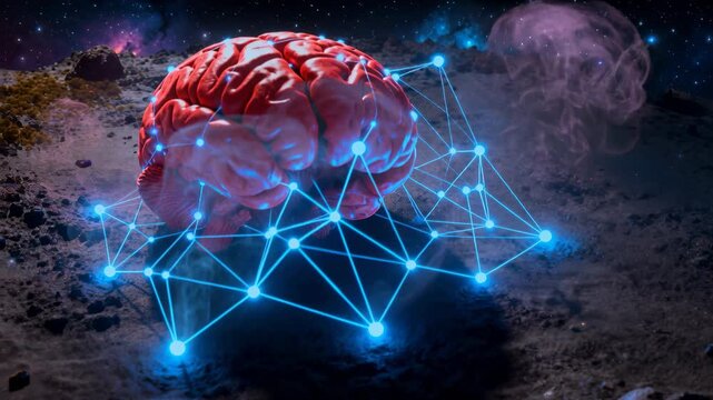 Resting red brain model above rocky ground, glowing blue lattice forming beneath and violet vapor