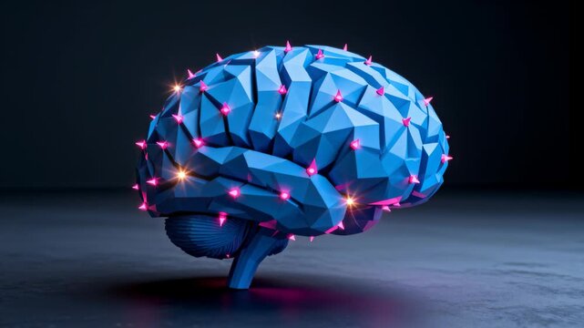 Rotating low-poly brain model bobbing on floor, pulsing spikes peaking then fading, for reflections