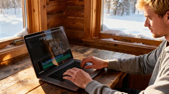 Editing man in gray sweatshirt pausing timeline, adjusting clips at cabin window with laptop