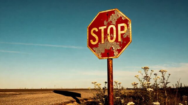 Camera rolling documenting STOP sign on rusted pole casting shadow on rural roadside, copy space