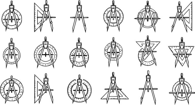 Set of Engineering and Geometry Drafting Tools Icons: Compass, Protractor, and Ruler Symbols for Education, Architecture, and Design
