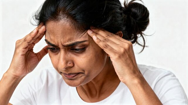 Reacting to pain, Indian woman pressing temples in light backdrop, white tee, nose stud, earrings