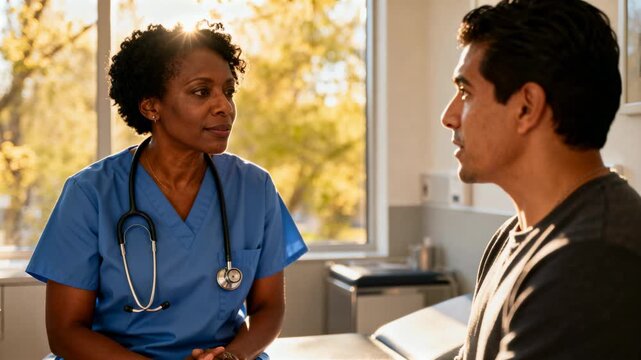 Talking clinician in blue scrubs with stethoscope leading exam room consultation with patient