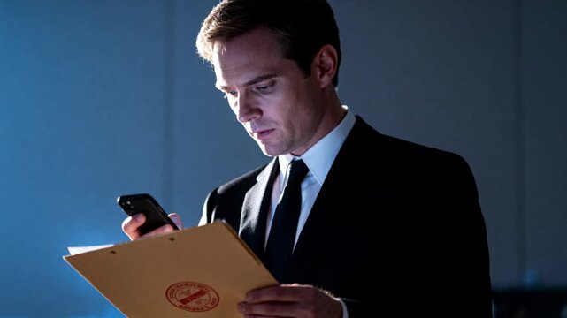 Reacting to phone alert, suit-and-tie man verifying stamped manila folder with smartphone in office