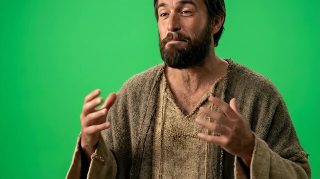 Man dressed as biblical figure speaking and gesturing. Religious reenactment character talking. Catholic tradition concept for ministry outreach and biblical teaching.