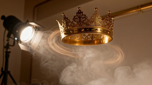 Floating ornate gold crown rotating in studio while fog machine releasing haze, spotlight left