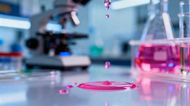 Dispensing pipette tip releasing pink reagent onto lab bench puddle, forming droplet, creating jet