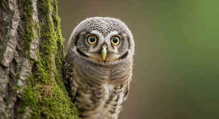 Obraz premium Adorable Owlet with Large Expressive Eyes Perched on a Mossy Tree Trunk in a Natural Forest Setting
