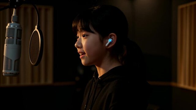 Backing track starting, female vocalist recording in studio, singing into mic, adjusting earbud