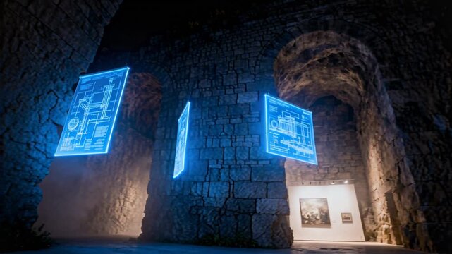 Activating floating blue panels rotating and rising in vaulted gallery, showing plans