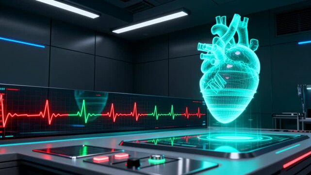 Pulsing ECG waveform driving cyan holo heart rotating above metal console in lab, copy space