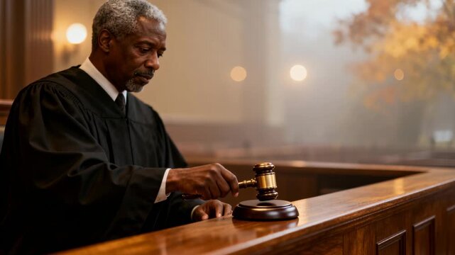 After brief pause raising gavel judge bringing down on sound block at bench, wearing black robe