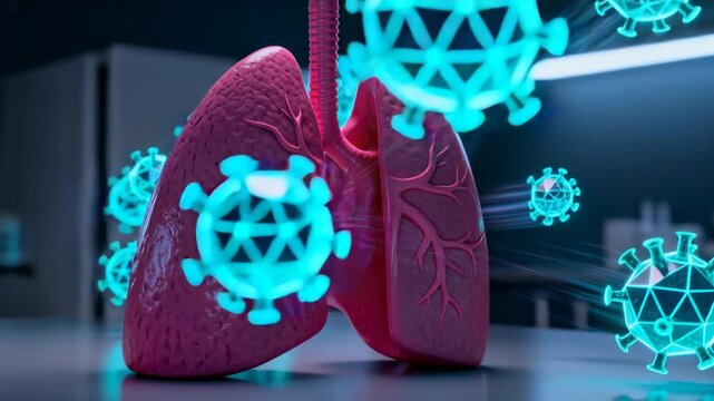 Streaming teal virus particles entering left to pink lung model on lab bench showing airway entry