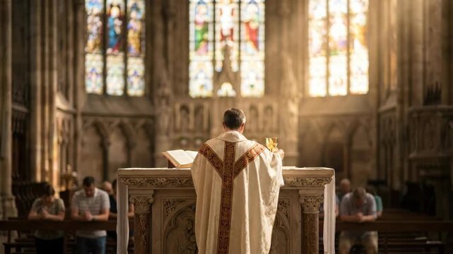 Priest raising the host during a catholic mass in a church. Religious ceremony with congregation praying at the altar. Faithful worship ritual in holy building.