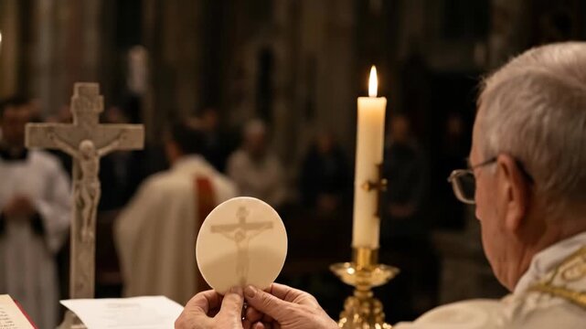 Priest holding eucharistic host during mass at cathedral. Religious ceremony in catholic church. Cleric performing rite, sacred worship and holy eucharist ritual.